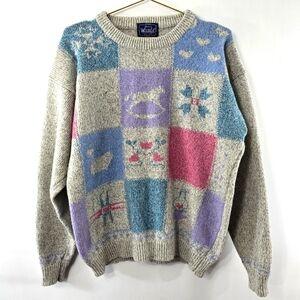 Woolrich Vintage Patchwork Sweater Wool Floral Animal Snowflake Print Size Large